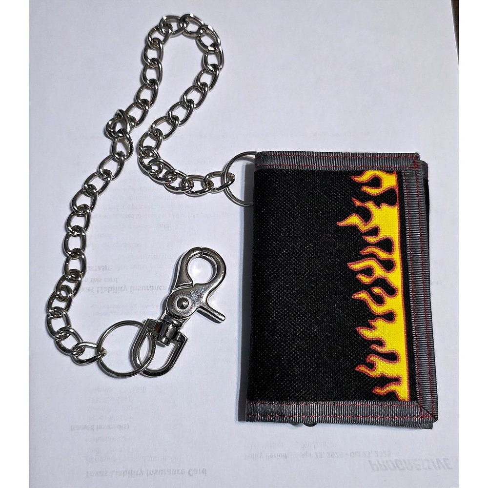 Sideout Mens Black Canvas Trifold Chain Wallet Flame Graphic Skater Biker 90s